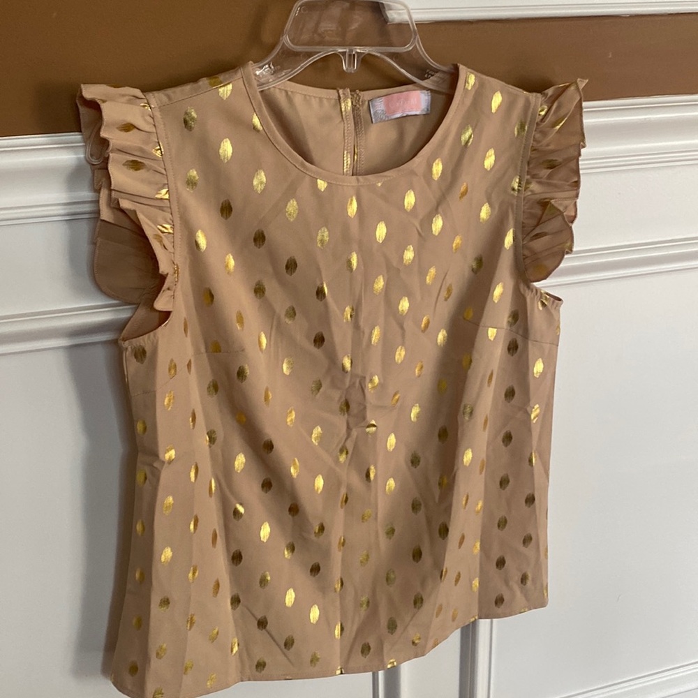 CDM Tan Blouse w/Gold Polka Dot Detail & Ruffled Sleeve Shoulder - LIKE NEW Sz S